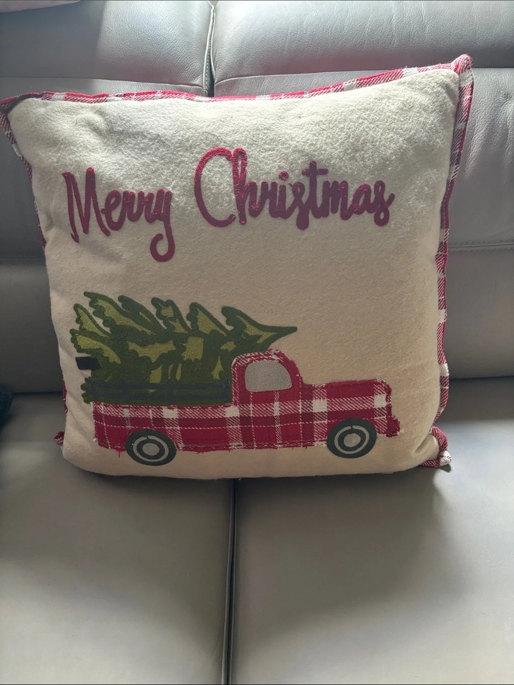 Merry Christmas Plaid Truck Holiday Pillow - Cream, Red & Green